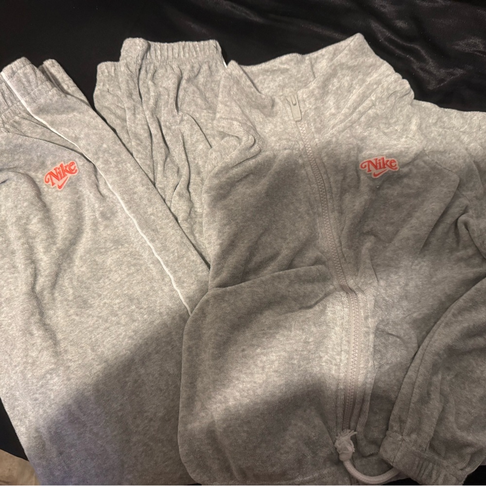 Nike Women's Light Gray Tracksuit with Red Logo